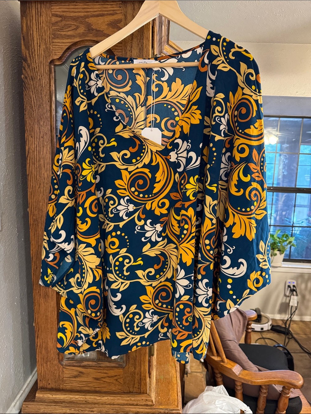 Teal Floral-Scroll Long Sleeve Dress with Yellow & White Accents